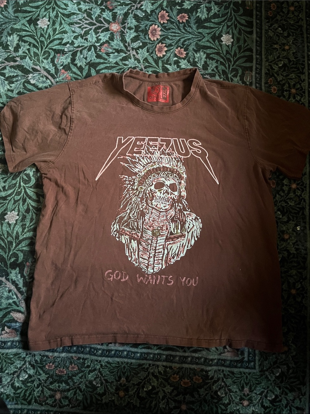 Yeezus Brown Graphic Short Sleeve Tee with Skull Headdress